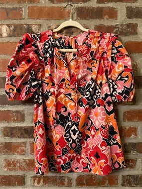 T164 -Boutique Puff Sleeve Printed Blouse in Pink, Red & Orange